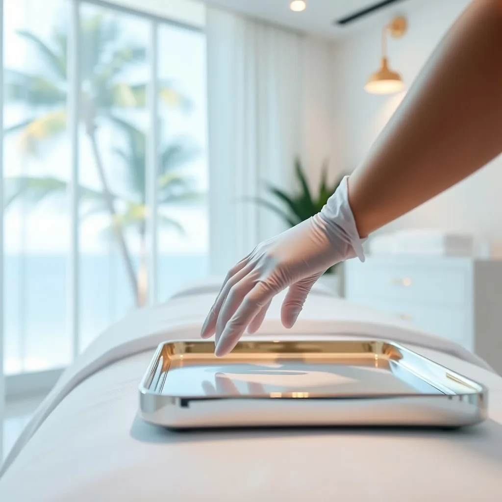 Serene modern Miami med spa treatment room with white linens, gold accents, and a palm-lined window, a clinician preparing a treatment tray